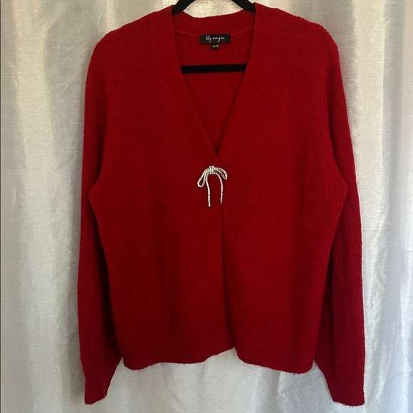 Red Women's Cardigan Sweater with Sparkly Bow - Picture 2 of 10